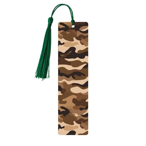 Braunes Camouflage-Holz-Lesezeichen zum Basteln, Lesezeichen, Holzanhänger zum Aufhängen, mit bunten Quasten, Geschenkanhänger, Etiketten, ungewöhnliches Geschenk für Buchliebhaber, Männer und Frauen von BSCKKDMN