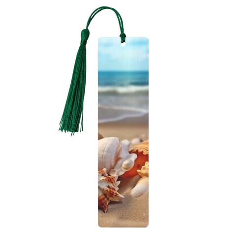 Holz-Lesezeichen mit Muscheln am Sandstrand, zum Basteln, Lesezeichen mit bunten Quasten, Geschenkanhänger, Etiketten, ungewöhnliches Geschenk für Buchliebhaber, Männer und Frauen von BSCKKDMN