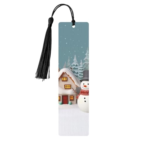 Holz-Lesezeichen mit Schneemann und Dorf, mit bunten Quasten, Geschenkanhänger, Etiketten, ungewöhnliches Geschenk für Buchliebhaber, Männer und Frauen von BSCKKDMN