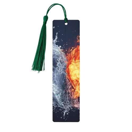 Holz-Lesezeichen mit Wasser und Feuer, Herzform, DIY, Holzhandwerk, Lesezeichen, mit bunten Quasten, Geschenkanhänger, Etiketten, ungewöhnliches Geschenk für Buchliebhaber, Männer und Frauen von BSCKKDMN
