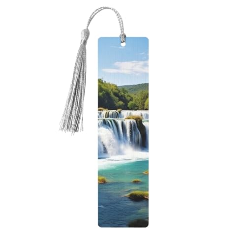 Holz-Lesezeichen mit Wasserfällen am Fluss Krka, DIY, Holzhandwerk, Lesezeichen, Holzanhänger zum Aufhängen, mit bunten Quasten, Geschenkanhänger, Etiketten, ungewöhnliches Geschenk für Buchliebhaber von BSCKKDMN