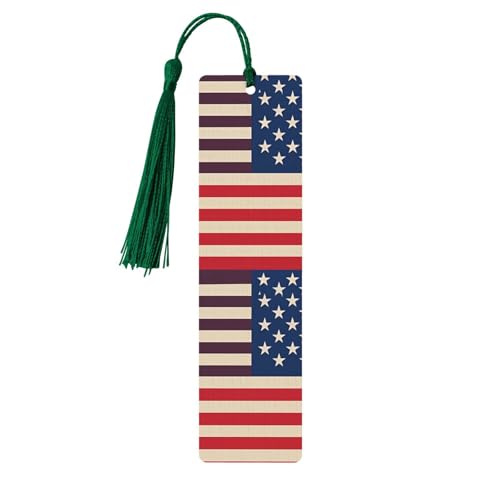 Holz-Lesezeichen mit amerikanischen Flaggen, DIY, Holzhandwerk, Lesezeichen, Holzanhänger mit bunten Quasten, Geschenkanhänger, Etiketten, ungewöhnliches Geschenk für Buchliebhaber, Männer und Frauen von BSCKKDMN