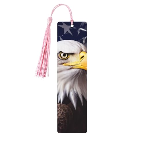Holz-Lesezeichen mit amerikanischer Flagge, Weißkopfseeadler, DIY, Holzhandwerk, Lesezeichen, mit bunten Quasten, Holz-Geschenkanhänger, Etiketten, ungewöhnliches Geschenk für Buchliebhaber, Männer von BSCKKDMN