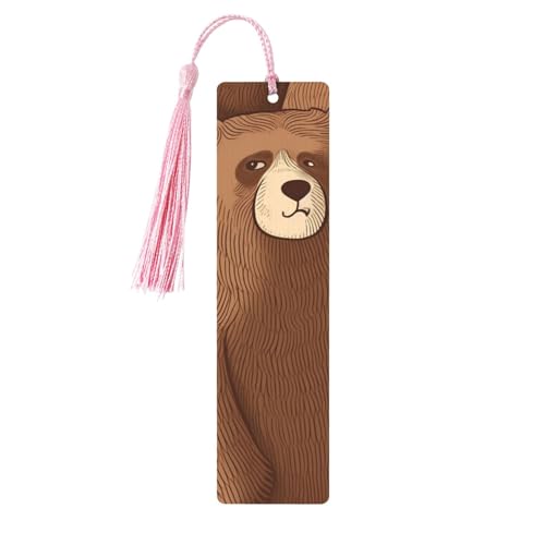 Holz-Lesezeichen mit braunem Bär, zum Basteln, Lesezeichen mit bunten Quasten, Geschenkanhänger, Etiketten, ungewöhnliches Geschenk für Buchliebhaber, Männer und Frauen von BSCKKDMN