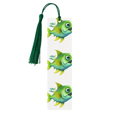 Holz-Lesezeichen mit grünen Fischen, zum Basteln, Lesezeichen, Holzanhänger zum Aufhängen, mit bunten Quasten, Geschenkanhänger, Etiketten, ungewöhnliches Geschenk für Buchliebhaber, Männer und Frauen von BSCKKDMN