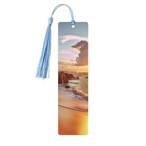 Holz-Lesezeichen mit tropischem Strand bei Sonnenuntergang, DIY-Holzhandwerk, Lesezeichen, Holzanhänger zum Aufhängen, mit bunten Quasten, Geschenkanhänger, Etiketten, ungewöhnliches Geschenk für von BSCKKDMN