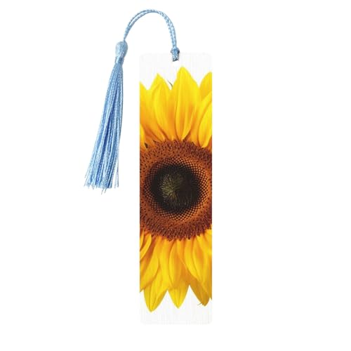 Isoliertes Holz-Lesezeichen mit Sonnenblume, DIY, Holzhandwerk, Lesezeichen, Holzanhänger mit bunten Quasten, Geschenkanhänger, Etiketten, ungewöhnliches Geschenk für Buchliebhaber, Männer und Frauen von BSCKKDMN