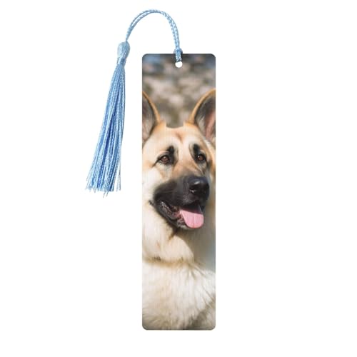 Lesezeichen aus Holz, Motiv: Deutscher Schäferhund, DIY, Holzhandwerk, Lesezeichen mit bunten Quasten, Geschenkanhänger, Etiketten, ungewöhnliches Geschenk für Buchliebhaber, Männer und Frauen von BSCKKDMN