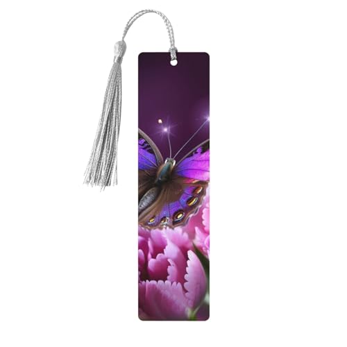 Lesezeichen aus Holz, Motiv: violette Blume, Schmetterling, zum Basteln, Lesezeichen, mit bunten Quasten, Geschenkanhänger, Etiketten, ungewöhnliches Geschenk für Buchliebhaber, Männer und Frauen von BSCKKDMN