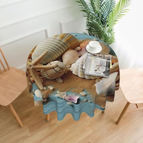 Runde Tischdecke, 152,4 cm, Strandmotiv, Muscheln, schmutzabweisend, waschbar, knitterfrei, abwischbar, moderne Bauernhaus-Dekorationen für Party, Picknick, Zuhause, Küche Runde Tischdecke, 152,4 cm, Strandmotiv, Muscheln, schmutzabweisend, waschbar, knitterfrei, abwischbar, moderne Bauernhaus-Dekorationen für Party, Picknick, Zuhause, Küche von BSCKKDMN