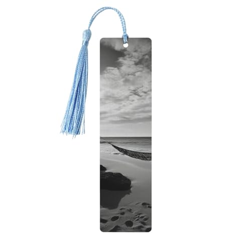 Schwarz-weißes Strand-Lesezeichen aus Holz, zum Basteln, Lesezeichen mit bunten Quasten, Geschenkanhänger, Etiketten, ungewöhnliches Geschenk für Buchliebhaber, Männer und Frauen von BSCKKDMN