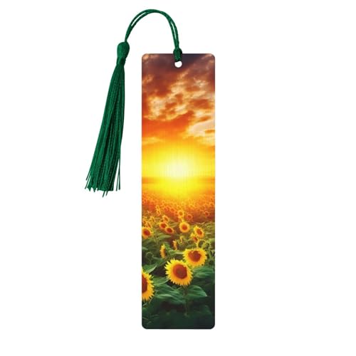Traumhafter Sonnenuntergang eines Sonnenblumenfelds, Holz-Lesezeichen zum Selbermachen, Holzhandwerk, Lesezeichen mit bunten Quasten, Geschenkanhänger, Etiketten, ungewöhnliches Geschenk für von BSCKKDMN
