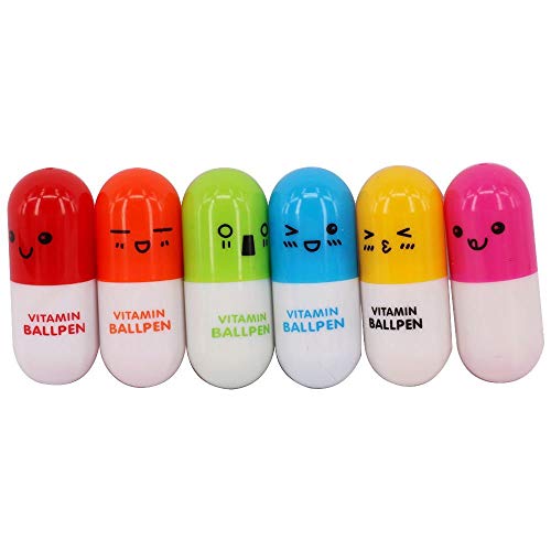 BSGP 6 x Vitamin-Pill-Kugelschreiber, einziehbarer Geschenk-Kugelschreiber mit süßem Cartoon-Emotion-lächelndem Gesicht BSGP 6 x Vitamin-Pill-Kugelschreiber, einziehbarer Geschenk-Kugelschreiber mit süßem Cartoon-Emotion-lächelndem Gesicht von BSGP