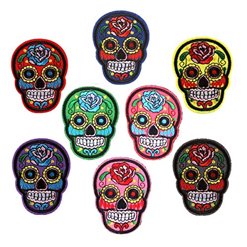 Set mit 8 bunten gemischten Totenkopf-Aufnähern, Set mit Totenkopf-Motiv, bestickt, zum Aufbügeln, für Jeans, Taschen, Westen, Jacken, Kunst und Handwerk Set mit 8 bunten gemischten Totenkopf-Aufnähern, Set mit Totenkopf-Motiv, bestickt, zum Aufbügeln, für Jeans, Taschen, Westen, Jacken, Kunst und Handwerk von BSGP