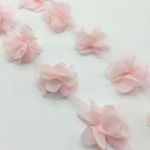 (1 Yard, 13 Stück) 3D-Chiffon-Blumencluster, Hochzeitskleid, Brautstoff, Spitzenbesatz, Stoff, DIY-Applikation, Nähzubehör, Hellrosa von BSGUZ