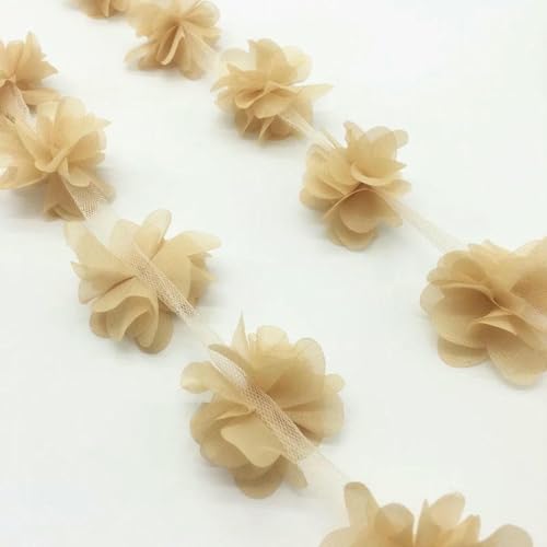 (1 Yard, 13 Stück) 3D-Chiffon-Blumencluster, Hochzeitskleid, Brautstoff, Spitzenbesatz, Stoff, DIY-Applikation, Nähzubehör, Khaki von BSGUZ