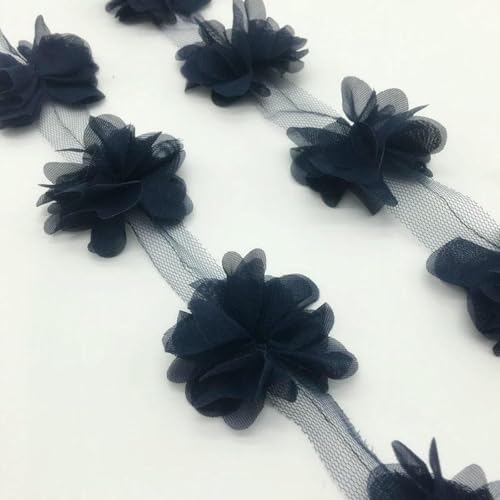 (1 Yard, 13 Stück) 3D-Chiffon-Blumencluster, Hochzeitskleid, Brautstoff, Spitzenbesatz, Stoff, DIY-Applikation, Nähzubehör, Marineblau von BSGUZ