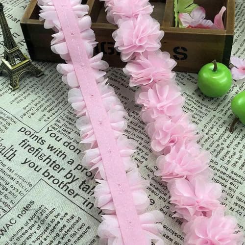 1 Yard, 5 cm, 3D-Chiffon-Blumen, plissiertes Spitzenbesatzband, DIY-Badeanzug, Tanzkleid, Rock, Zubehör, Kopfbedeckung, Dekorationsmaterialien, Hellrosa, 1 Yard (90 cm lang) von BSGUZ