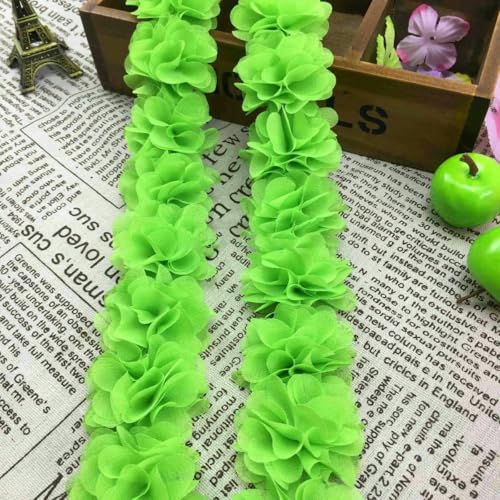 1 Yard, 5 cm, 3D-Chiffon-Blumen, plissiertes Spitzenbesatzband, DIY-Badeanzug, Tanzkleid, Rock, Zubehör, Kopfbedeckung, Dekorationsmaterialien – fluoreszierendes Grün – 1 Yard (90 c von BSGUZ