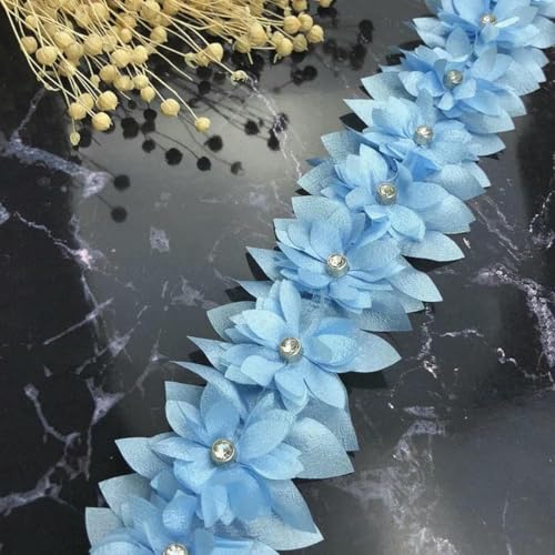 1 Yard, bunte Perlen, Diamanten, 3D-Blumen, besticktes Spitzenbesatzband, Stoff, Nähhandwerk für Kostüm, Hochzeitskleid, Dekoration, Blau, 1 Yard von BSGUZ
