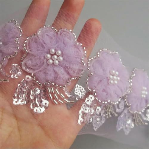 1 Yard 3D-Perlen, Pailletten, Voile-Blumen-Spitzenbesatz, Band, bestickte Chiffon-Applikation, Nähen, Basteln, Hochzeitskleid, Kleidung, Hut-Dekoration, lila, 1 Yard 1 Yard 3D-Perlen, Pailletten, Voile-Blumen-Spitzenbesatz, Band, bestickte Chiffon-Applikation, Nähen, Basteln, Hochzeitskleid, Kleidung, Hut-Dekoration, lila, 1 Yard von BSGUZ