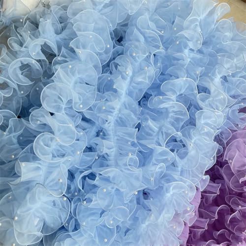 1 Yard Rosa Weiß Blau Wellen Plissierte Spitzenbesätze Band Stoffapplikation Faltrüsche mit Perlen DIY Nähzubehör Basteln-Blau-1 Yard von BSGUZ