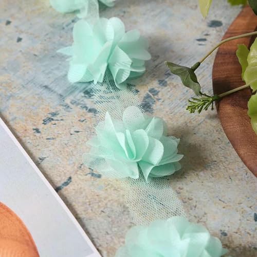 10 Yard (120 Stück) Mehrfarbiger Spitzenbesatz, 3D-Chiffon-Blume, 6 cm breit, für Hochzeitskleid, Brautschleier, DIY, Babyhaar, Kleidung, Banddekoration, Hellgrün, 9,5–10 Yards von BSGUZ