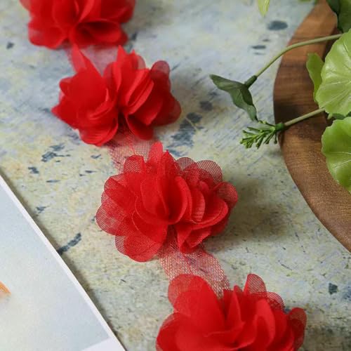 10 Yard (120 Stück) Mehrfarbiger Spitzenbesatz, 3D-Chiffon-Blume, 6 cm breit, für Hochzeitskleid, Brautschleier, DIY, Babyhaar, Kleidung, Banddekoration, Rot, 9,5–10 Yards von BSGUZ