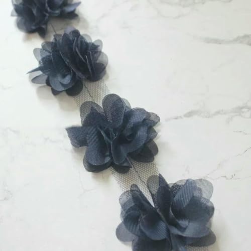 10 Yard (120 Stück) Mehrfarbiger Spitzenbesatz, 3D-Chiffon-Blume, 6 cm breit, für Hochzeitskleid, Brautschleier, DIY, Babyhaar, Kleidung, Banddekoration, Schwarzblau, 9,5–10 Yards von BSGUZ