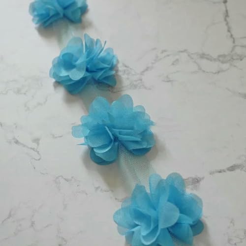 10 Yard (120 Stück) Mehrfarbiger Spitzenbesatz, 3D-Chiffon-Blume, 6 cm breit, für Hochzeitskleid, Brautschleier, DIY, Babyhaar, Kleidung, Banddekoration, Seeblau, 9,5–10 Yards von BSGUZ