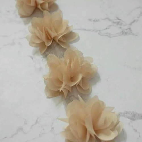 10 Yards (120 Stück) Mehrfarbiger Spitzenbesatz, 3D-Chiffon-Blume, 6 cm breit, für Hochzeitskleid, Brautschleier, DIY, Babyhaar, Kleidung, Banddekoration, Khaki, 9,5–10 Yards von BSGUZ