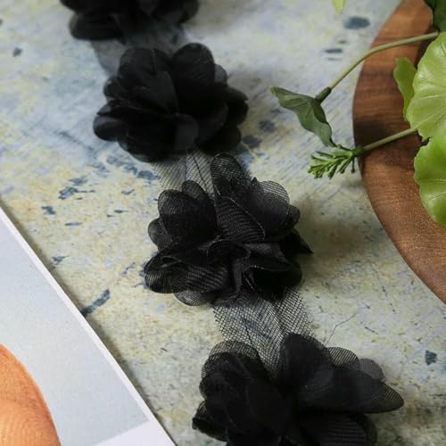 10 Yards (120 Stück) Mehrfarbiger Spitzenbesatz, 3D-Chiffon-Blume, 6 cm breit, für Hochzeitskleid, Brautschleier, DIY, Babyhaar, Kleidung, Banddekoration, Schwarz, 9,5–10 Yards von BSGUZ