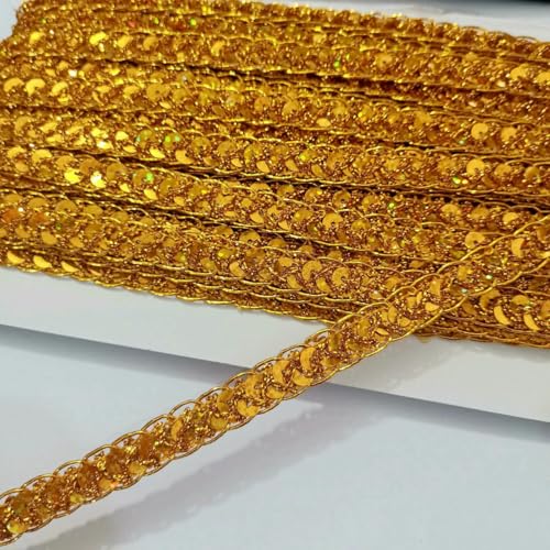 10 mm x 12 Meter Pailletten, Laser-Vergoldung, Spitzenbesatz für Heimwerkerarbeiten, Nähen auf Stoff, dekoratives Accessoire, Bandzubehör, Dunkelgold, 12 Meter von BSGUZ