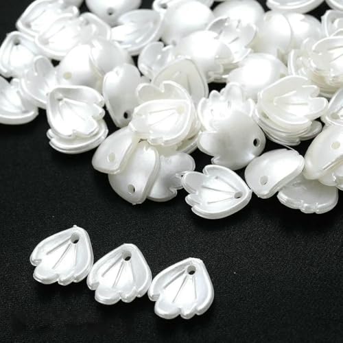 100 Stück weiße Kunstperlen-Blütenblatt-Charms-Perlen, Blumen-Acryl-Perlen, Anhänger zur Herstellung von DIY-Ornamenten, Haarnadeln, Handarbeiten, 13 x 11 mm von BSGUZ