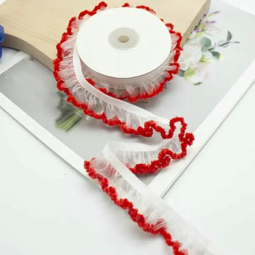 2/5/10 Meter elastisches Spitzenband mit Rüschen, transparenter Chiffonbesatz, Spitzenstoffband zum Nähen von DIY-Bekleidung, handgefertigten Accessoires, 2 cm, Typ A, Rot, 5 Yards von BSGUZ
