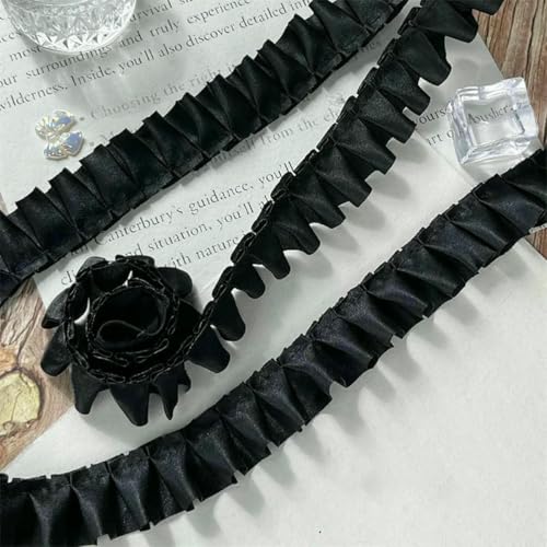 2,5 cm breites weißes schwarzes Satinband, plissiertes Spitzenstoffband, Lolita-Kleid, Rüschenbesatz, DIY, handgefertigte Kleidung, Nähdekor, schwarz von BSGUZ