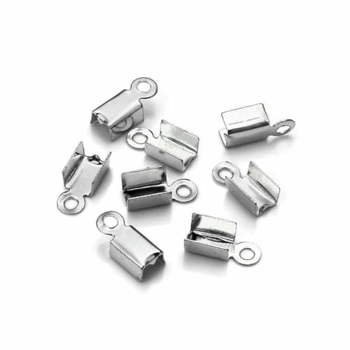 200 Stück/Los Quetschperlen, Buchtverschlüsse, Kordel-Endkappen, Schnurband, Lederclip, Faltverschluss für Schmuckherstellung, DIY-Halskettenverbinder, Rhodium, 2,5 x 6 mm von BSGUZ