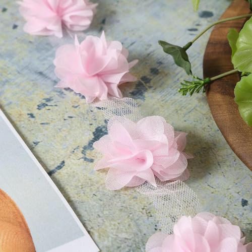 24 Blumen (ca. 2 Yards) 6 cm Breite 3D-Chiffon-Blumen DIY Spitzenbesatz Spitzenband Dekoration Kleidung Zubehör-hellrosa von BSGUZ