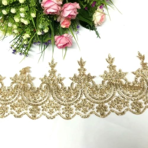 3,0 Meter Gold glänzende Pailletten vergoldet Glitzer Heißbohren Royal Flower Brautkleid Vorhänge Kleidung Spitze Zubehör Mesh 14 cm-14 cm Breite-M von BSGUZ