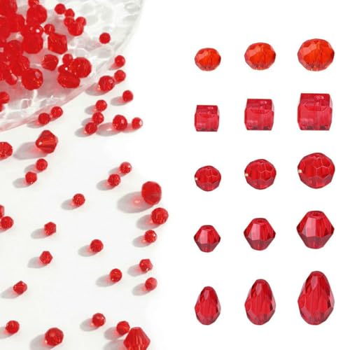 300 Stück Kristallrondelle in verschiedenen Größen, helle AB-Edelsteine, lose Perlen, klares Kristallglas, Basteln, glänzender Schmuck, DIY-Halsketten-Set, Rot, gemischt, 300 von BSGUZ
