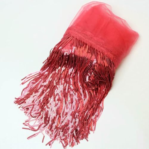 32 cm 2 Yard glänzender Netzstoff, Spitzenfransen, Pailletten, Quaste, Band, DIY, Hochzeitsfeier, Tanzkleid, Nähzubehör – Wassermelonenrot – 32 cm Breite – 2 Meter von BSGUZ