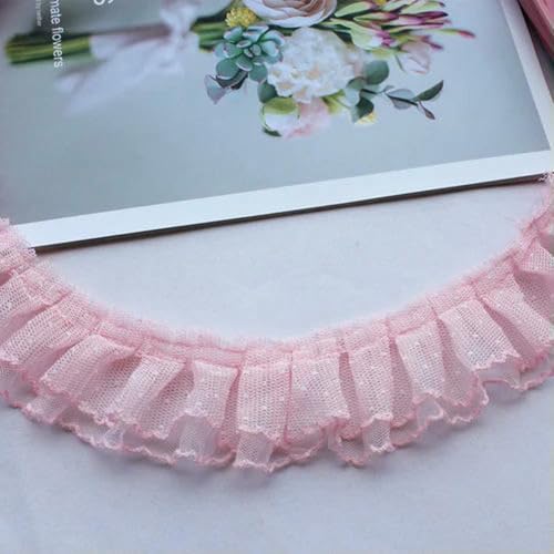 5 cm breite, doppellagige, himmelblaue, rosa Netz-Tupfenstickerei mit Rüschen, Spitzenbesatz, Lolita-Kleid, Kragenmanschetten, DIY-Nähdekor, Rosa, 2 Yards von BSGUZ