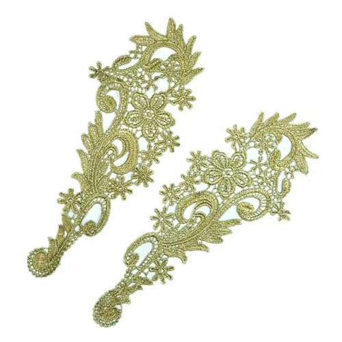 Spiegelpaar Bestickte Aufnäher Goldene Guipure-Spitze Nähspitze für Kleid Applikation DIY Braut Kopfschmuck Spitzenkragen JA104-DA107-1 Paar von BSGUZ