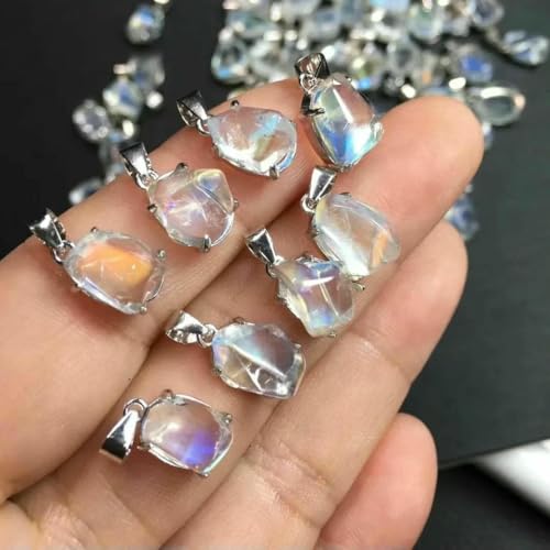 Stück natürlicher Regenbogen-Blau-Mondstein-Anhänger, 8–10 mm, unregelmäßig geformter Stein, 925er Sterlingsilber, Schmuck für Damen und Herren, 001, Halskettenanhänger, 1 Stück von BSGUZ