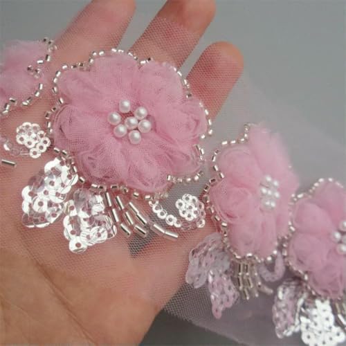 Yard 3D-Perlen, Pailletten, Voile-Blumen-Spitzenbesatz, Band, bestickte Chiffon-Applikation, Nähen, Basteln, Hochzeitskleid, Kleidung, Hut-Dekoration, Rosa, 1 Yard von BSGUZ