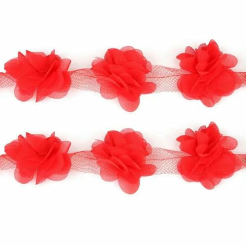 Yards/Los, mehrfarbig, Breite 5 cm, 3D-Chiffon-Cluster-Blumen, Spitzenkleid-Dekoration, Spitzenstoff, Applikation, Besatz, Nähzubehör, Rot von BSGUZ