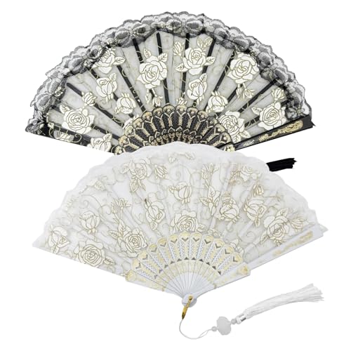 BSITSSS 2 Stück Fächer mit Quaste, Holz Handfächer Klappbarer, Blumenmuster Fächer Klein, Mode Hand Fan, Handfächer Stabil für Hochzeit Gäste Kinder Mädchen Sommer von BSITSSS