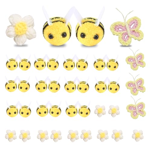 BSITSSS 40 Stück Bienen Deko Set, 24 Stück Filz Bienen, mit 12 Stück Häkelblumen Weiß, mit 4 Kleine Schmetterlinge mit handgehäkelten Blumen, Biene Deko für Handwerk DIY Kleidung Dekoration von BSITSSS