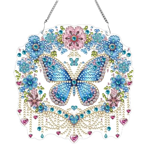 BSITSSS Diamond Painting Fensterbilder, 5D Diamond Painting Anhänger, Diamonds Paintings Frühling mit Kette, Diamonds-Painting Schmetterling Türkranz Anhänger, Moden Diamonds-Painting Türkranz von BSITSSS