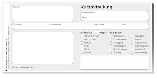 Kurzmitteilung - Block mit 50 vorgedruckten Blättern Kurzmitteilung - Block mit 50 vorgedruckten Blättern von BSN Spremberg